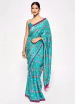 Turquoise Blue Chinnon Party Wear Digital Printed Saree