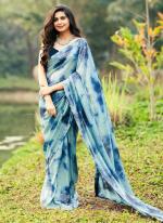 Blue Georgette Party Wear Printed Work Saree