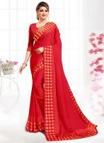 Red Pure Satin Party Wear Swarovski Work Saree