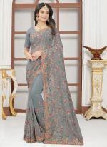 Grey Georgette Traditional Wear Resham Work Saree