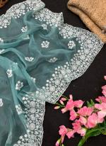 TURQUOISE BLUE Soft Organza Festival Wear Embroidery Work Saree