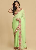 Pista Green Chiffon Party Wear Mirror Work Saree