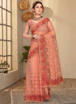 Dusty Peach Net Party Wear Resham Work Saree