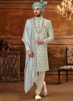 CREAM GREYISH BLUE Art silk Wedding Wear Embroidery Work Sherwani