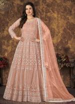 Peach Net Wedding Wear Embroidery Work Anarkali Suit