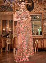 Dusty Peach Net Festival Wear Resham Work Saree