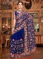 Navy Blue Net Festival Wear Resham Work Saree