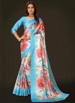 Sky Blue Japan Satin Casual Wear Digital Printed Saree