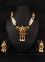 Gold Plated Kundan Necklace Set With White Beaded Threading and Purple Stones And Matching Earrings