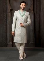 grey Art Silk Wedding Wear Thread Work Sherwani