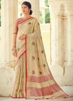 Beige Linen Party Wear Weaving Saree