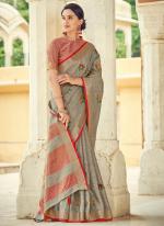 Grey Linen Party Wear Weaving Saree