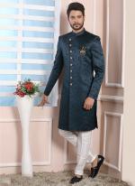 Teal green Imported jaquard silk Wedding Wear Weaving Aligadhi pant Indo Western