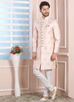 Light Pink Art Silk Wedding Wear Thread Work Indo Western Sherwani