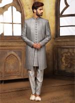 Grey Fancy Wedding Wear Weaving Nawabi Indo Western
