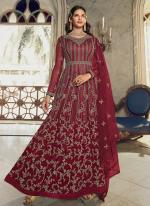 Maroon Net Reception Wear Embroidery Work Anarkali Suit