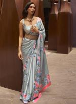 Grey Satin Crepe Party Wear Digital Printed Saree