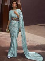 Sky Blue Satin Crepe Party Wear Digital Printed Saree