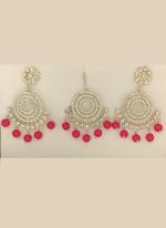 Dark Pink Silver Tone Fancy Earrings With Maang Tikka