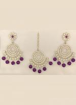 Purple Silver Tone Fancy Earrings With Maang Tikka