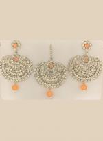 Peach Chandbali Design Stone Studded Earrings With Maang Tikka