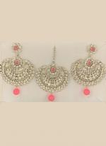 Pink Chandbali Design Stone Studded Earrings With Maang Tikka