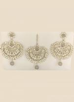 Grey Chandbali Design Stone Studded Earrings With Maang Tikka