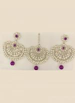 Purple Chandbali Design Stone Studded Earrings With Maang Tikka