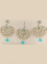 Sky Blue Chandbali Design Stone Studded Earrings With Maang Tikka