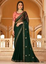 Green Chinnon Traditional Wear Thread Work Saree