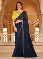 Navy Blue Chinnon Traditional Wear Thread Work Saree