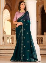 Teal Chinnon Traditional Wear Thread Work Saree