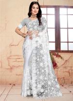 White Net Party Wear Resham Work Saree