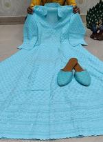 Sky Blue Cambric Cotton Festival Wear Lucknowi Work Gown