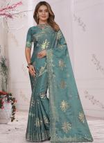 Dusty Sky Organza Party Wear Zarkan Work Saree