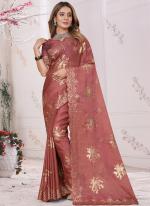 Rose Peach Organza Party Wear Zarkan Work Saree