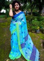 Sky Blue Linen Regular Wear Digital Printed Saree