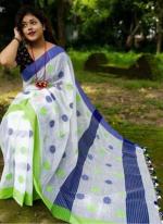 White Blue Linen Regular Wear Digital Printed Saree