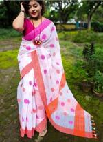 White Pink Linen Regular Wear Digital Printed Saree