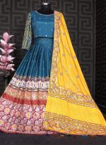 Blue Chinnon Silk Navratri Wear Mirror Work Lehenga Choli