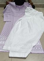 Lilac Pure Cotton Traditional Wear Lucknowi Work Kurti With Pant