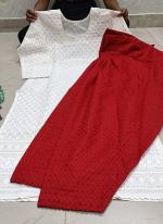 Red Pure Cotton Traditional Wear Lucknowi Work Kurti With Pant