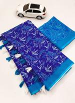 Royal Blue Linen Regular Wear Digital Printed Saree