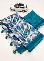 Blue Linen Regular Wear Digital Printed Saree