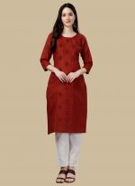 Red Cotton Casual Wear Embroidery Work Kurti