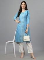 Sky Blue Cotton Daily Wear Embroidery Work Kurti