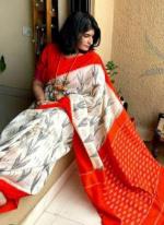 Orange Linen Daily Wear Digital Printed Saree