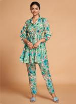 Sea Green Rayon Casual Wear Printed Work Cord Set