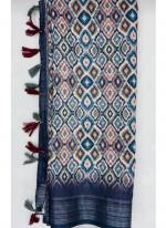 Blue Linen Regular Wear Digital Printed Saree