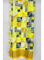 Yellow Linen Regular Wear Digital Printed Saree